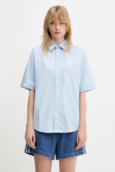 Памучна риза Carhartt WIP S/S Jaxon Shirt дамска в синьо със свободна кройка с класическа яка I033080