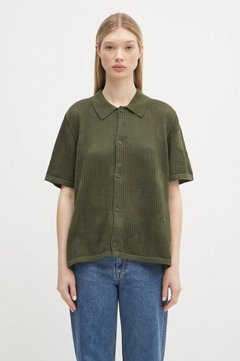 Pamučna košulja Carhartt WIP W’ S/S Temple Knit Shirt za žene, boja: zelena, relaxed, s klasičnim ovratnikom, I034541