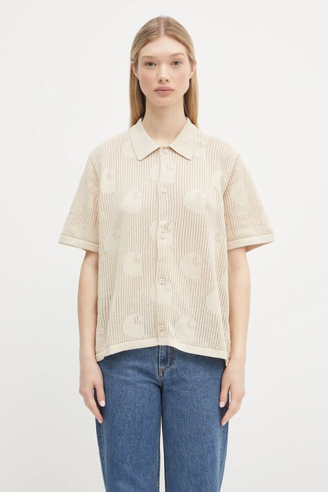 Pamučna košulja Carhartt WIP W’ S/S Temple Knit Shirt za žene, boja: bež, relaxed, s klasičnim ovratnikom, I034541