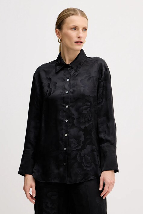 Kenzo koszula jedwabna damska kolor czarny regular z kołnierzykiem klasycznym FF52CH2549JR.99
