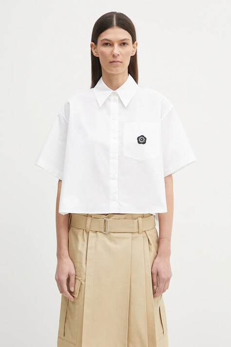 Памучна риза Kenzo дамска в бяло със свободна кройка с класическа яка FF52CH2629LH.01
