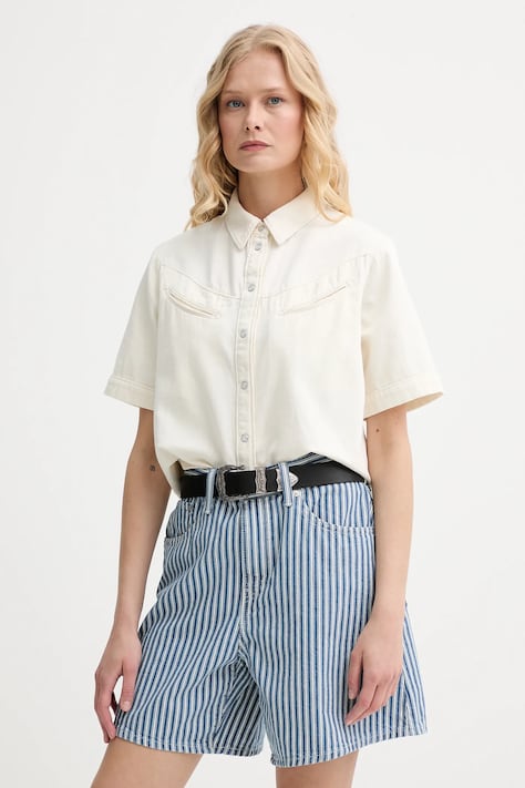 Džínová košile Levi's RINOA CAMP SHIRT dámská, béžová barva, regular, s klasickým límcem, 001SL