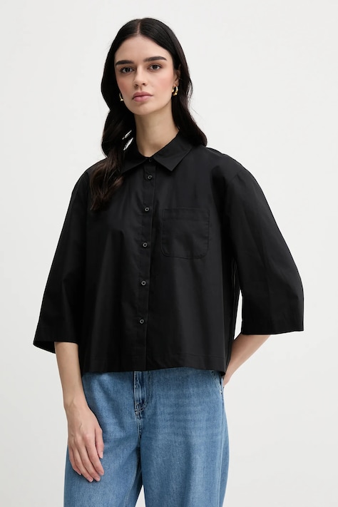Памучна риза Sisley дамска в черно със свободна кройка с класическа яка 5WMELQ08V