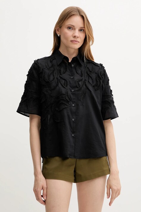 Bavlněná košile Sisley dámská, černá barva, relaxed, s klasickým límcem, 5KKPLQ09B