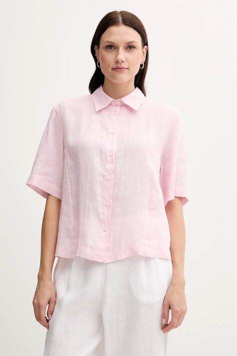 Ľanová košeľa Sisley ružová farba, voľný strih, s klasickým golierom, 5BMLLQ08U