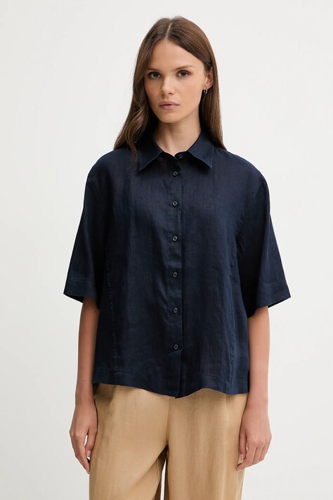 Sisley cămașă de in culoarea bleumarin, cu guler clasic, relaxed, 5BMLLQ08U