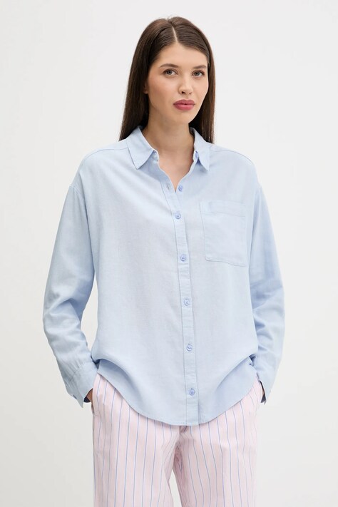 Hollister Co. koszula lniana damska kolor niebieski relaxed z kołnierzykiem klasycznym KI340-5162