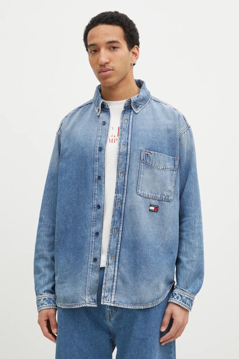 Džínová košile Tommy Jeans pánská, modrá barva, relaxed, s límečkem button-down, DM0DM20650