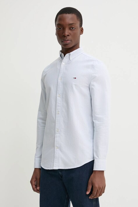 Bavlněná košile Tommy Jeans modrá barva, slim, s límečkem button-down, DM0DM20668