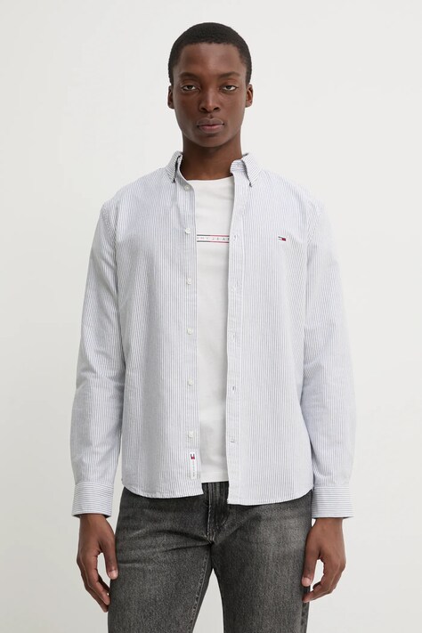 Bavlněná košile Tommy Jeans šedá barva, slim, s límečkem button-down, DM0DM20668