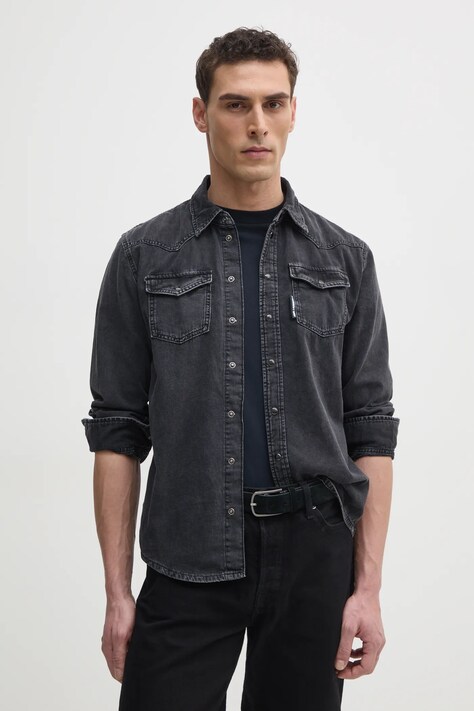 Karl Lagerfeld camasa jeans barbati, culoarea negru, cu guler clasic, regular, 551851.605901