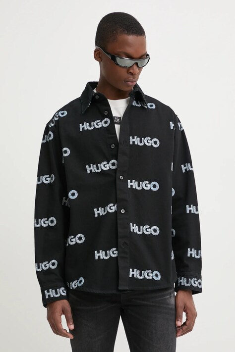 Hugo Blue camasa jeans barbati, culoarea negru, cu guler clasic, relaxed, 50534186