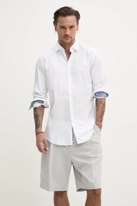 Bavlněná košile HUGO bílá barva, slim, s klasickým límcem, 50534066