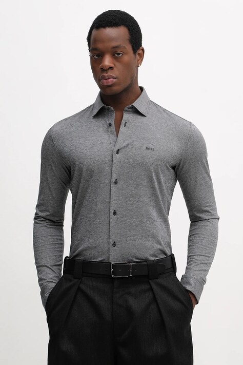 BOSS Orange koszula bawełniana męska kolor szary slim z kołnierzykiem włoskim 50519748