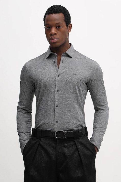 BOSS Orange koszula bawełniana męska kolor szary slim z kołnierzykiem włoskim 50519748