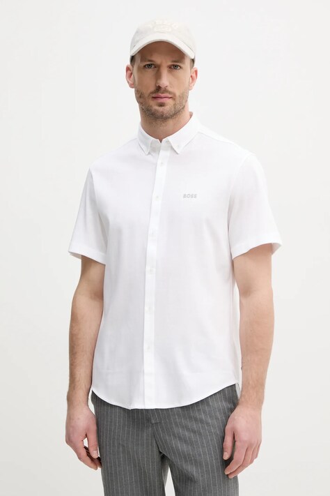 Памучна риза BOSS Green мъжка в бяло със стандартна кройка с класическа яка 50533149