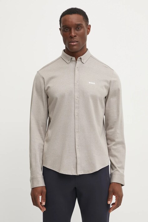 Риза BOSS Green мъжка в бежово със стандартна кройка с яка с копче 50533163