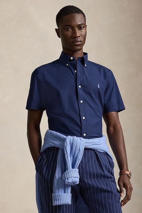 Pamučna košulja Polo Ralph Lauren za muškarce, boja: tamno plava, regular, s button-down ovratnikom, 710945315