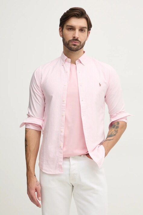 Polo Ralph Lauren camasa din bumbac barbati, culoarea roz, cu guler clasic, slim, 710953710