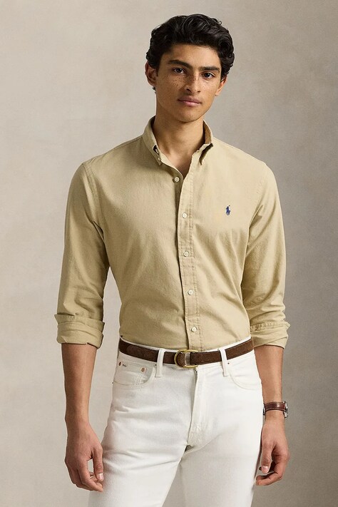 Bavlněná košile Polo Ralph Lauren béžová barva, slim, s límečkem button-down, 710960643