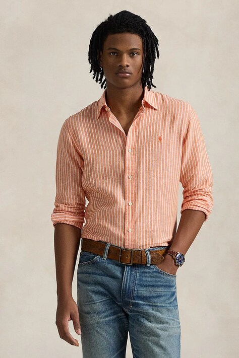 Polo Ralph Lauren cămașă de in culoarea portocaliu, cu guler clasic, regular, 710961264