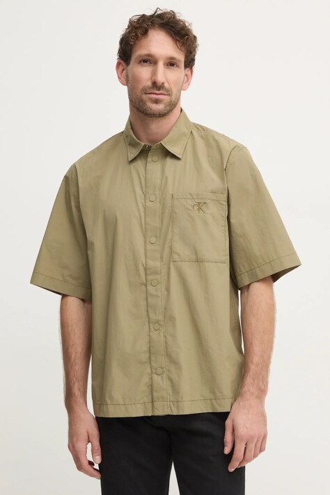 Calvin Klein camasa barbati, culoarea verde, cu guler clasic, regular, KM0KM01086