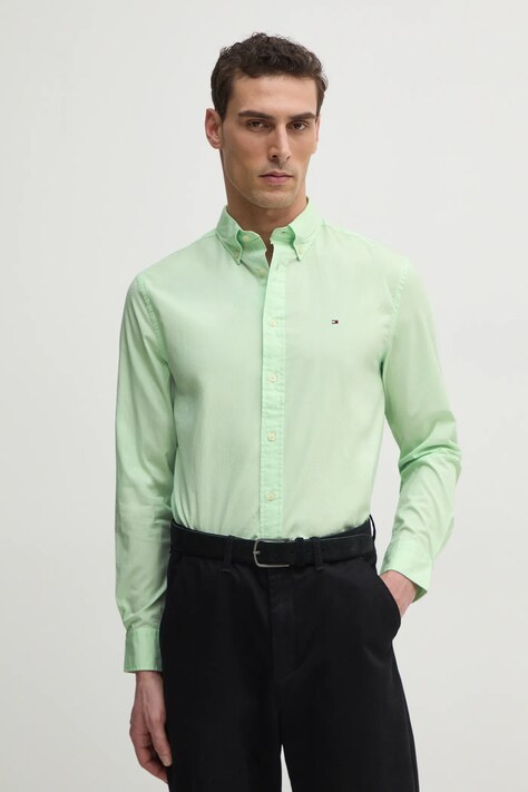 Bavlněná košile Tommy Hilfiger zelená barva, regular, s límečkem button-down, MW0MW37550
