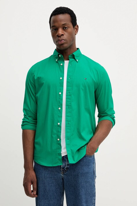 Tommy Hilfiger koszula bawełniana męska kolor zielony regular z kołnierzykiem button-down MW0MW37550