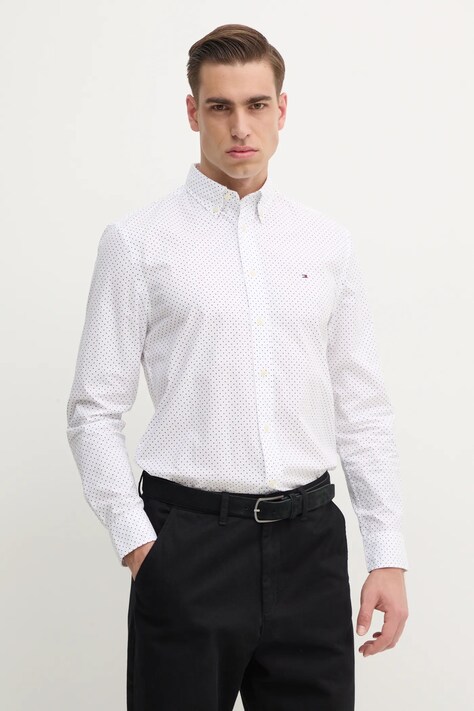 Βαμβακερό πουκάμισο Tommy Hilfiger ανδρικό, χρώμα: άσπρο, MW0MW37554