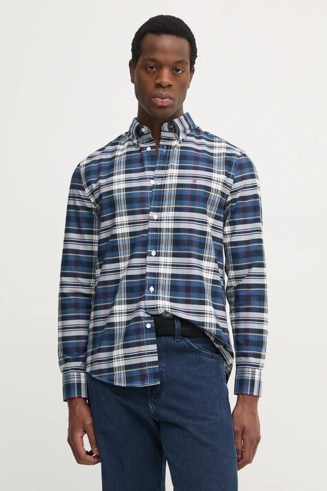 Памучна риза Tommy Hilfiger мъжка в тъмносиньо със стандартна кройка с яка с копче MW0MW37566