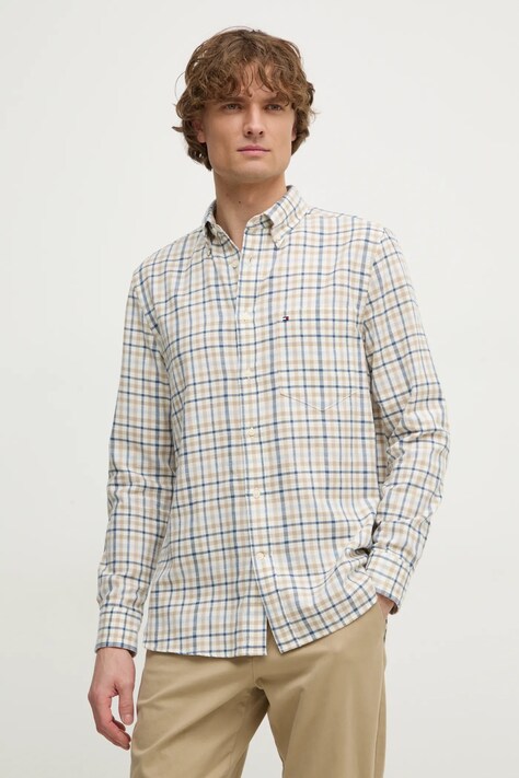 Tommy Hilfiger camasa din amestec de in culoarea bej, cu guler button-down, regular, MW0MW37573