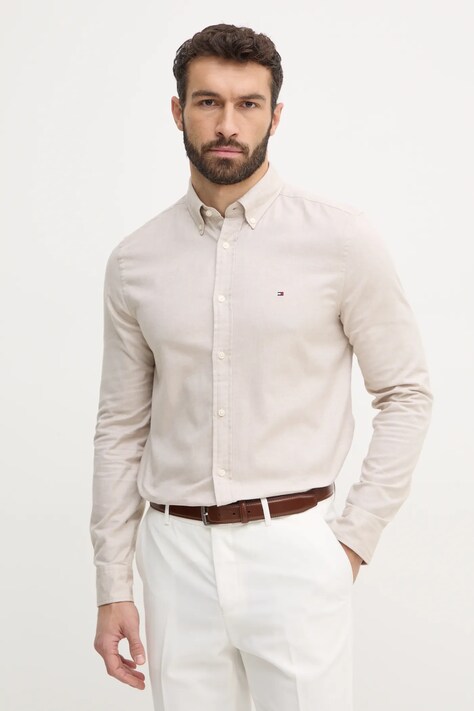 Tommy Hilfiger camasa din amestec de in culoarea bej, cu guler button-down, regular, MW0MW37574