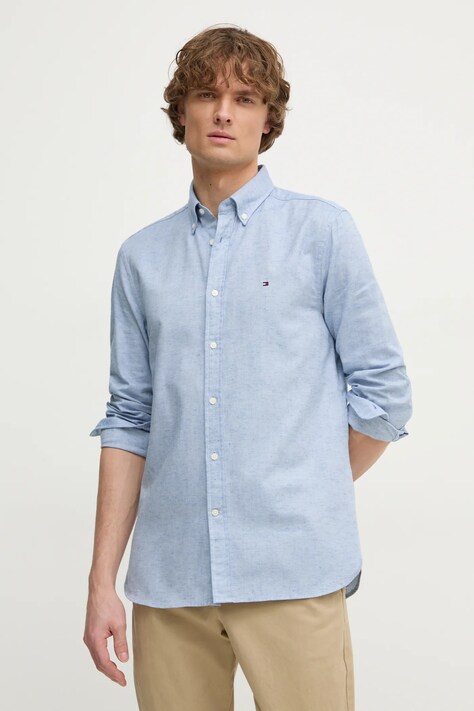 Košile s příměsí lnu Tommy Hilfiger modrá barva, regular, s límečkem button-down, MW0MW37574