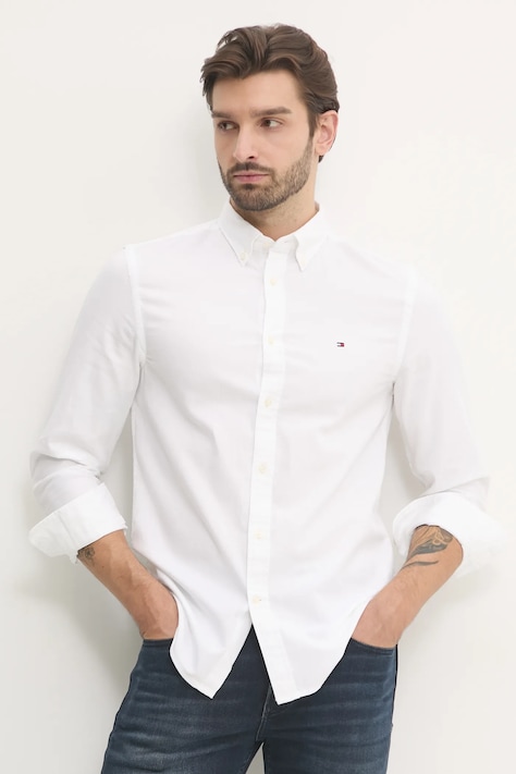 Tommy Hilfiger cămașă din bumbac bărbați, culoarea alb, cu guler button-down, slim, MW0MW37578
