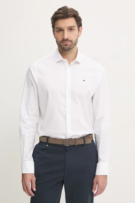 Βαμβακερό πουκάμισο Tommy Hilfiger ανδρικό, χρώμα: άσπρο, MW0MW37597