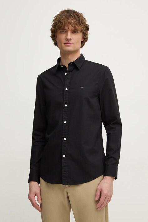 Tommy Hilfiger camasa din bumbac barbati, culoarea negru, cu guler clasic, slim, MW0MW38137