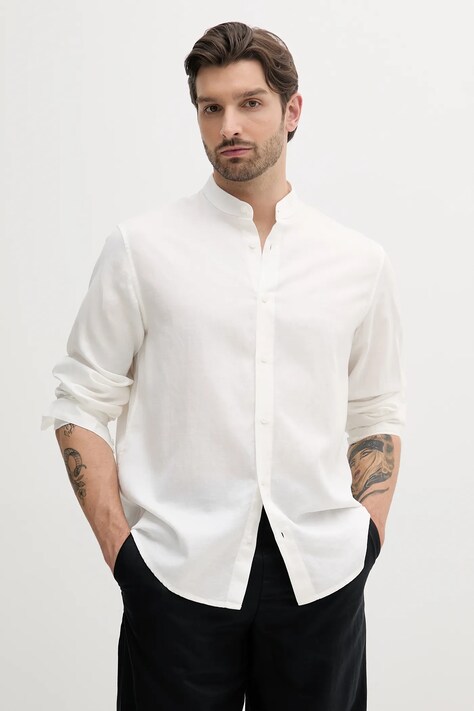 Košile s příměsí lnu Armani Exchange pánská, bílá barva, regular, se stojáčkem, XM000717 AF13181