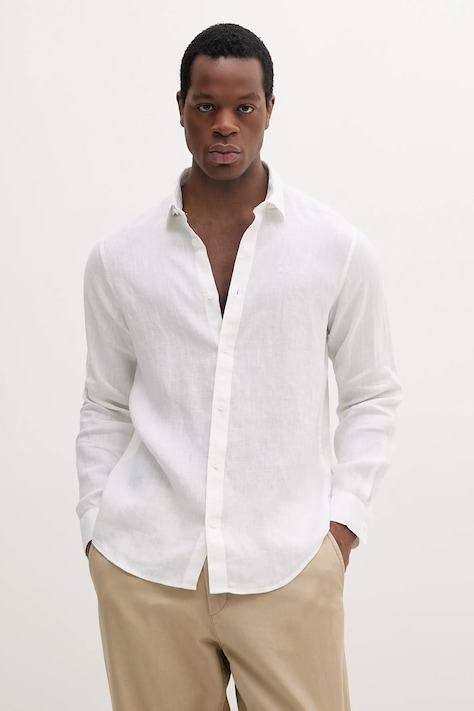 Ľanová košeľa Armani Exchange béžová farba, regular, s klasickým golierom, XM001221 AF14619
