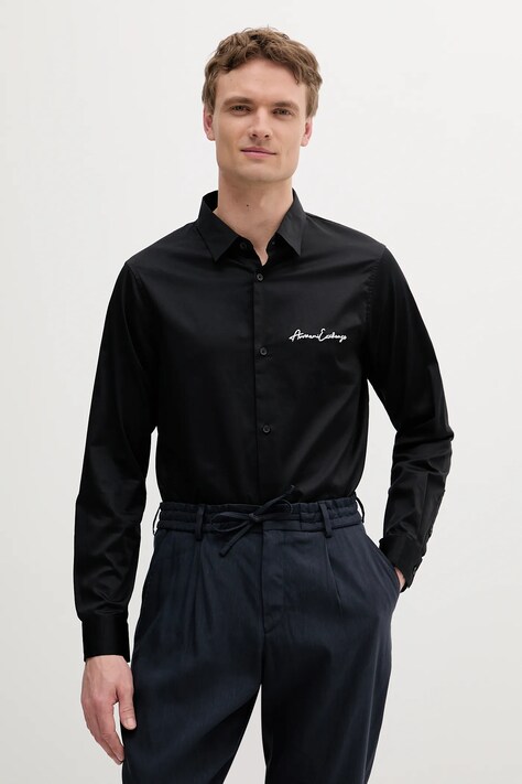 Košile Armani Exchange pánská, černá barva, regular, s klasickým límcem, XM001224 AF10192