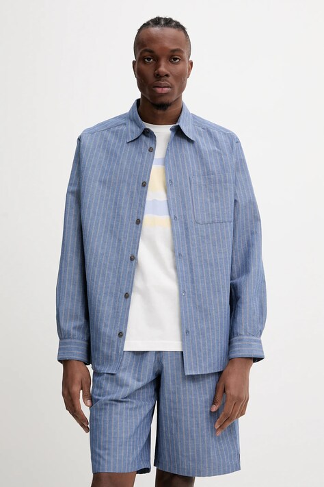 Košile s příměsí lnu A.P.C. chemise malo pánská, modrá barva, relaxed, s klasickým límcem, COHFW.H12532