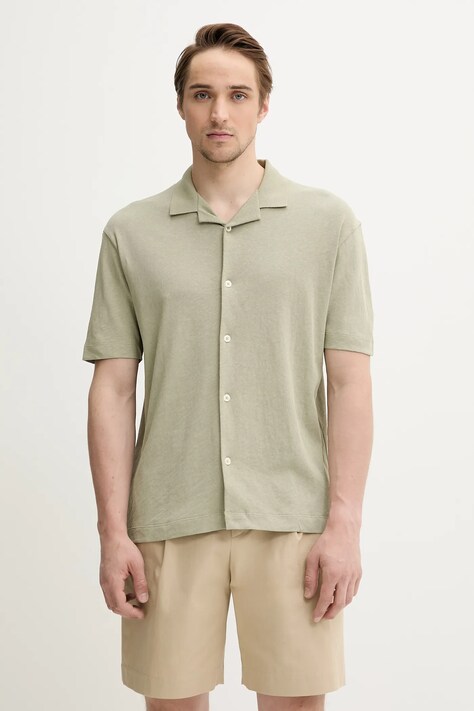 Marc O'Polo cămașă din amestec de in bărbați, culoarea verde, cu guler clasic, regular, 523209153068