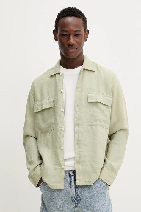 Льняная рубашка Marc O'Polo цвет зелёный relaxed классический воротник 523735342082