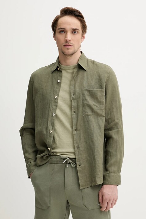 Lněná košile Marc O'Polo pánská, zelená barva, regular, s klasickým límcem, 523742842318