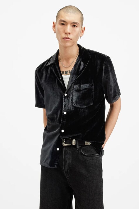 AllSaints camasa RUNA barbati, culoarea negru, relaxed, M100SB