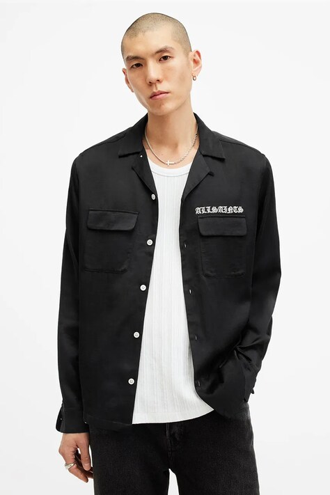 AllSaints cămașă TROYA bărbați, culoarea negru, relaxed, M106SB