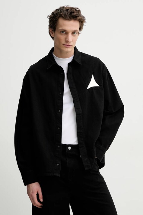 Heliot Emil cămașă din denim bărbați, culoarea negru, cu guler clasic, relaxed, SS25_M_05_066_BLK01