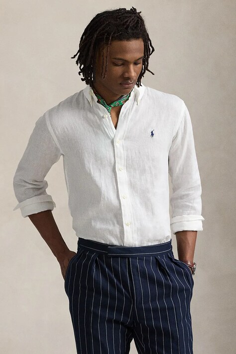 Polo Ralph Lauren cămașă de in Long Sleeve Sport Shirt culoarea alb, cu guler clasic, regular, 710966294