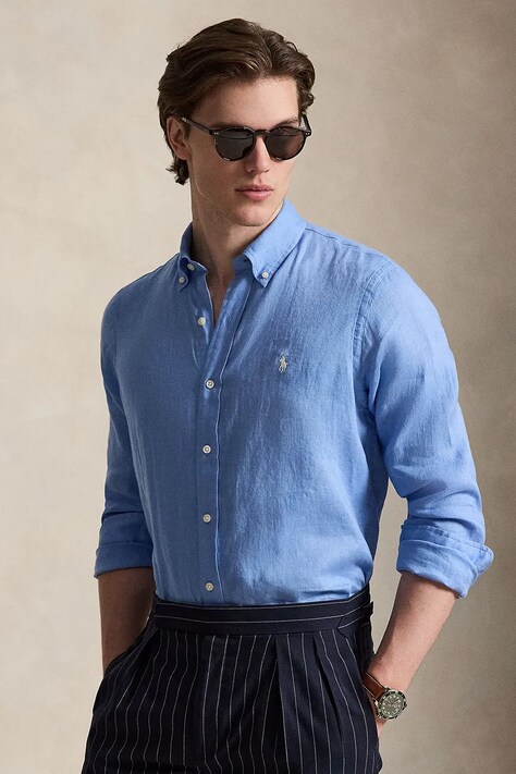Polo Ralph Lauren koszula męska lniana Long Sleeve Sport Shirt niebieska gładka 710966294