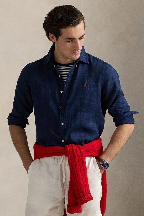 Polo Ralph Lauren cămașă de in Long Sleeve Sport Shirt culoarea bleumarin, cu guler clasic, regular, 710966294