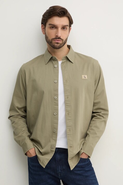 Calvin Klein Jeans camasa barbati, culoarea verde, cu guler clasic, regular, J30J327585